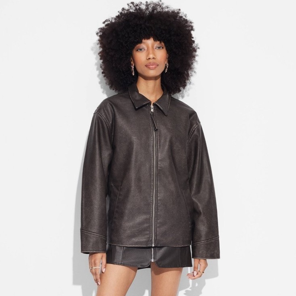wild fable Black Faux Leather Bomber Jacket